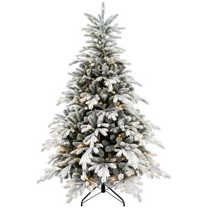 HOMCOM 6ft Prelit Frosted Artificial Christmas Tree with Warm White LED Light, Metal Base, Snow Flocked Branches - 1 of 4