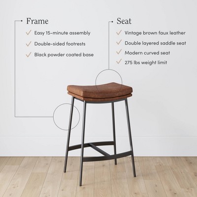 Arlo 27" Brown Leather Saddle Seat Bar Stools with Black Metal Base