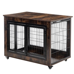 38" Heavy Duty Dog Crate, Wooden Dog Crate With Flip-up Opening, Metal Frame, 2 Lockable Wheels, Front And Side Doors - 1 of 4