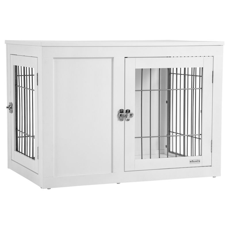 PawHut Wooden Dog Crate Furniture Wire Indoor Pet Kennel Cage, End Table with Double Doors, Locks for Small and Medium Dog House, 1 of 7
