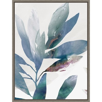 Indigo Sprig Abstract Floral Canvas Wall Art with Gray Frame