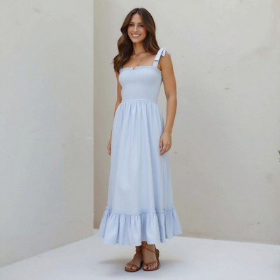 Knit & Lounge Women’s Smocked Bodice Midi Dress with Ruffle Hem Adjustable Tie Straps and Flowing A-Line