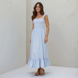Knit & Lounge Women’s Smocked Bodice Midi Dress with Ruffle Hem Adjustable Tie Straps and Flowing A-Line - 1 of 4
