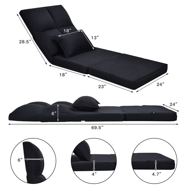 Costway Floor Folding Sofa Chair Lounger 6 Positon Adjustable Sleeper Bed Couch Recliner, 3 of 8