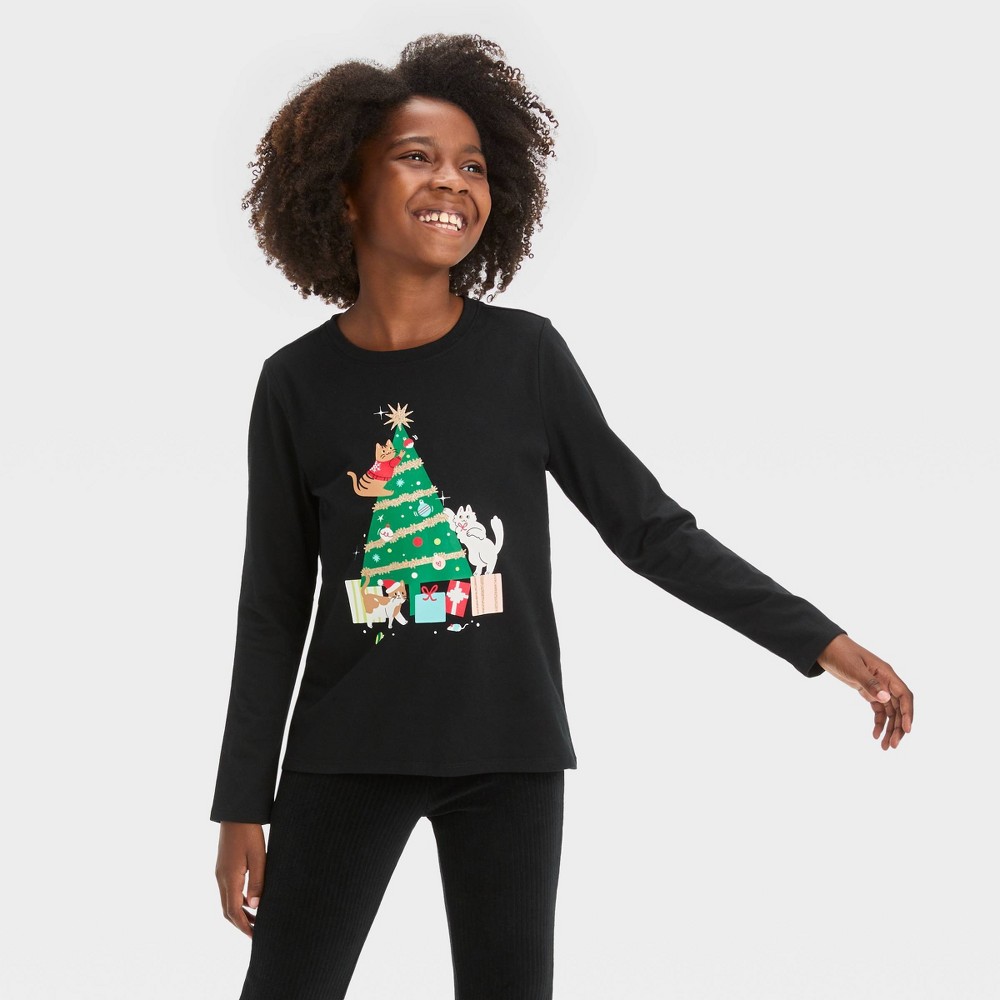 Girls' Long Sleeve 'Christmas Tree Cats' Graphic T-Shirt - Cat & Jack™ Black L Plus