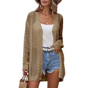 Coolmee Women's Crochet Cardigan Boho Sweater Open Front Long Sleeve Lightweight Cover Up Knit Cardigans - 1 of 4