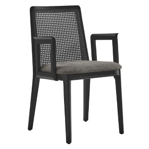 Modway Monarch Wood Dining Accent Armchair with Cane Back and Padded Seat in Black Black Gray – Mid-Century Dining Arm Chair with Rattan and Fabric - 1 of 4