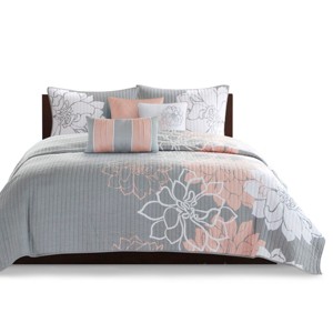 Gulches Series gray Peach Transitional Floral Print Cotton with Cotton Fill Full Queen 6 Piece Printed Quilt Set with Throw Pillows Blanket - 1 of 4