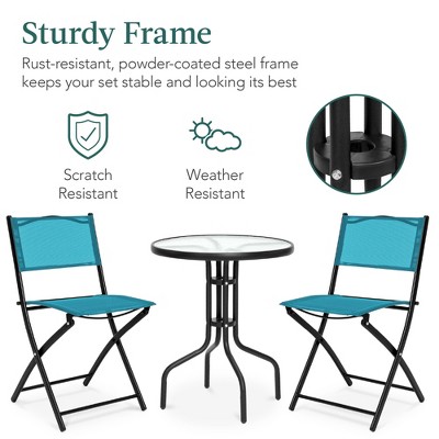Peacock Blue 3-Piece Patio Bistro Set with Glass Tabletop