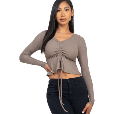 Slickblue Women's Ribbed Long Sleeve Peplum Top - Stretch Drawstring Shirt in Green Bay/Taupe, Size S-L