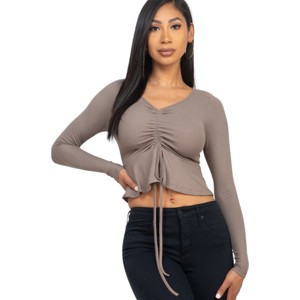 Slickblue Women's Ribbed Long Sleeve Peplum Top - Stretch Drawstring Shirt in Green Bay/Taupe, Size S-L - 1 of 3
