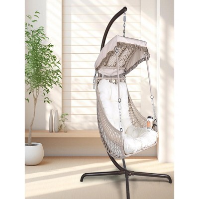 78"Swing Egg Chair with Stand Indoor Outdoor, UV Resistant Cushion Hanging Chair with Cup Holder