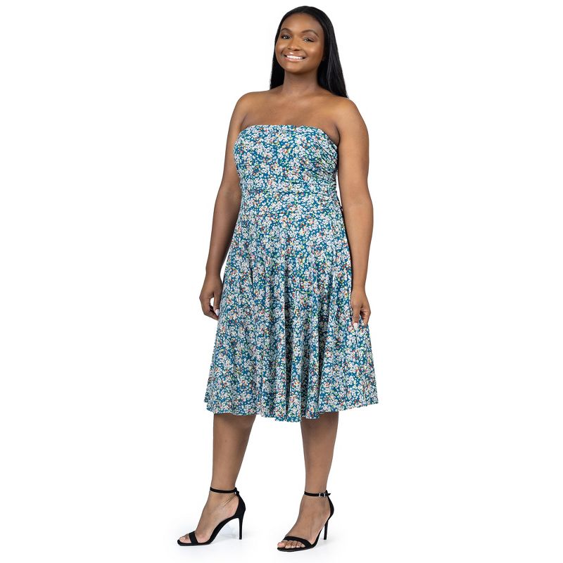 24seven Comfort Apparel Plus Size Teal Floral Strapless Tube Top Flowy Knee Length Dress, 5 of 7