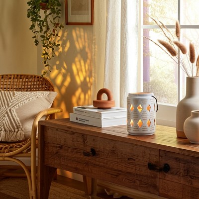 Sagebrook Home 6" Ceramic Lantern - Contemporary Ivory and Beige Diamond Cut-Out Creative Decorative Lantern with Handle for Indoor or Outdoor Use