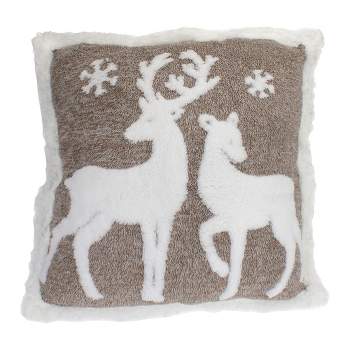 Northlight 20" Brown and White Plush High Pile Fleece Throw Pillow with Reindeer