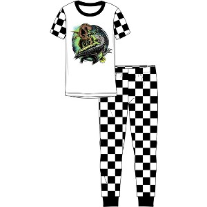 Jurassic Park Dino Group Shot Short Sleeve Shirt & Checkerboard Sleep Pajama Pants Set - 1 of 4