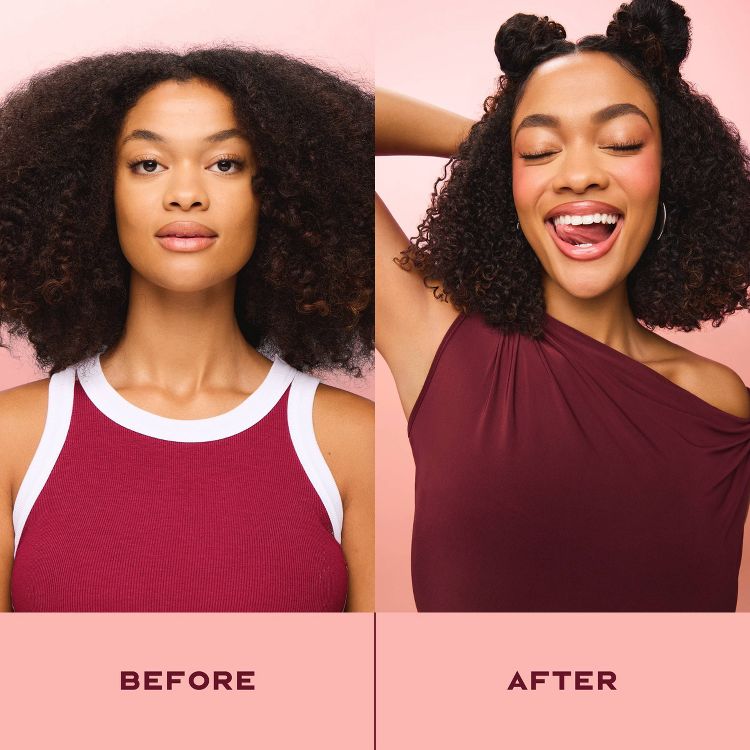 Two side-by-side images labeled "BEFORE" and "AFTER" showing a woman with curly hair styled differently, with the "AFTER" image featuring more defined curls and a playful expression.