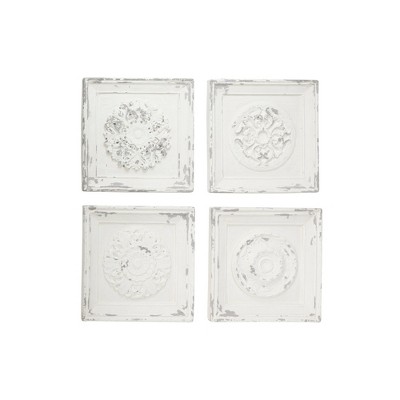 (Set of 4) 19 Large Square Antique White Wood Wall Decor Hangings with Decorative Carvings - Olivia & May