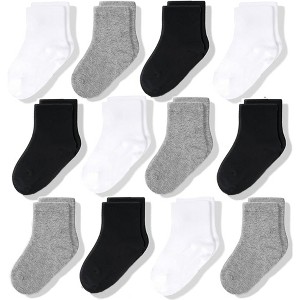 CozyWay Crew Cotton Toddler Socks - 12 Pack Stretch Toddler Girl Socks, Toddler Boy Socks, Black/White/Gray, 1T-3T, Unisex - 1 of 4