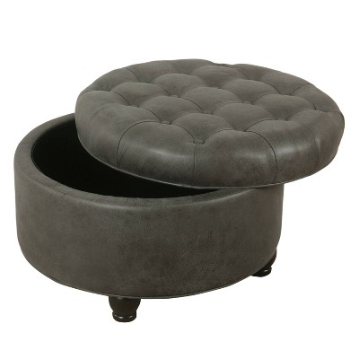 Large Gray Faux Leather Tufted Round Storage Ottoman