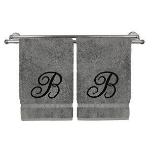 BC BARE COTTON Monogrammed Hand Towel, 100% Turkish Cotton - Set of 2 - Gray - Black Script - 1 of 4