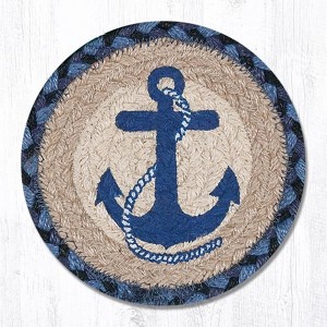 Earth Rugs Large Round Coaster – Navy Anchor Design in Braided Jute, 7"x7" Nautical Coastal Table Accent - 1 of 3