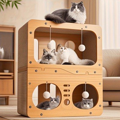 Hrinhom 17.7"W 2-Storey Wood Cat Villa with Scratching Boards+4 Toy Pendants
