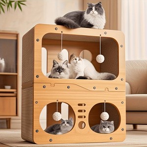 Hrinhom 17.7"W 2-Storey Wood Cat Villa with Scratching Boards+4 Toy Pendants - 1 of 4