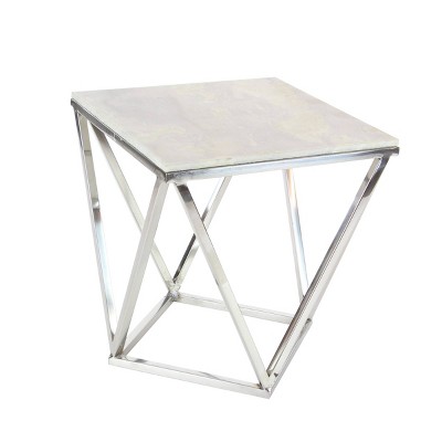 Elegant Silver Stainless Steel & Marble Square Accent Table - 18" x 21"