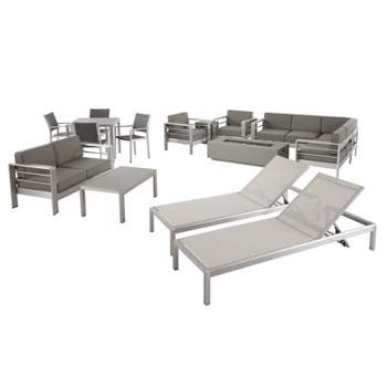 Cape Coral 16pc Aluminum Estate Collection with Fire Pit - Silver/Clear/Khaki/Light Gray - Christopher Knight Home