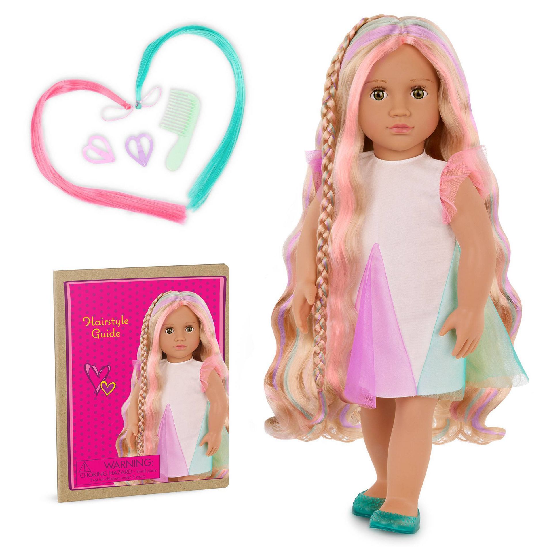 Our Generation 18" Rainbow Hair Grow Doll with Hair Clips and Styling Book Accessories