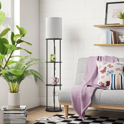 Black Metal Shelf Floor Lamp with White Fabric Shade