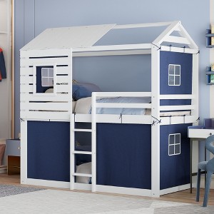 Twin Size Wood House Bunk Bed with Tent - 1 of 4