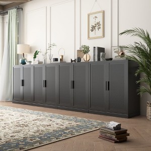 36"x124"x16" Wood Grain Buffet Cabinet in Black, Storage Organizer with Adjustable Shelves and Rattan Doors for Kitchen Bedroom Entryway Living Room - 1 of 4
