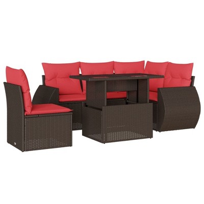 vidaXL Patio Sofa Set with Cushions and Table Outdoor 6 Piece Poly Rattan - Brown