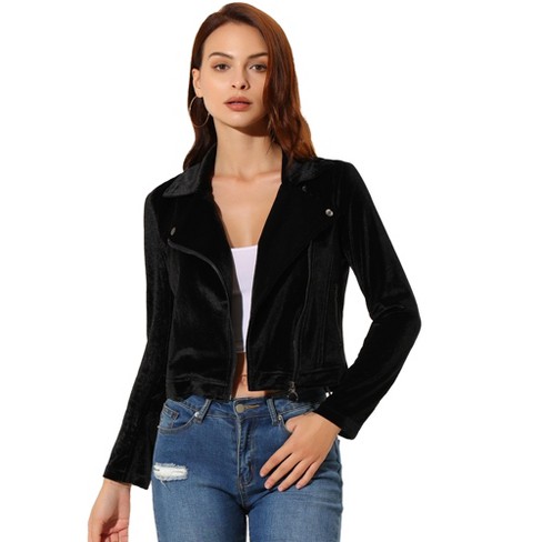 Allegra K Women's Velvet Zipper Lapel Collar Moto Biker Jacket Black ...