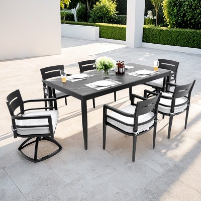 7-Piece Outdoor Dining Set, Swivel Rockers and Stationary Chairs and Sintered Stone Top Table, Aluminum Chairs with Foam Cushions-Coolbibila