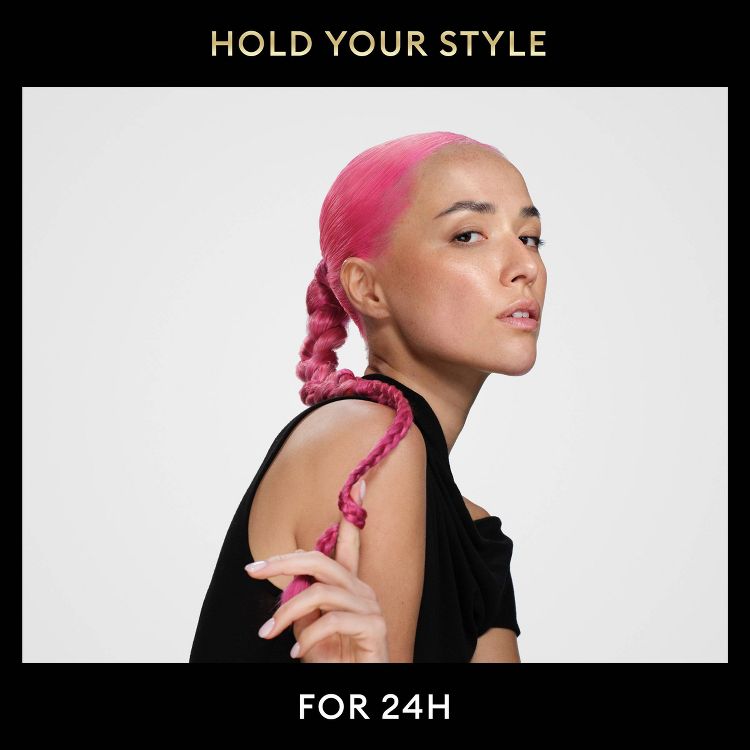 A person with pink colored braided hair styled tightly, with the text "HOLD YOUR STYLE FOR 24H" above and below.