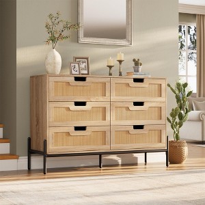 Rattan 6 Drawer Dresser for Bedroom, Modern Farmhouse Wooden Storage Cabinet with Legs, Storage and Organiser for Bedroom, Living Room, Entryway - 1 of 4
