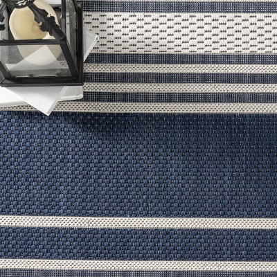 Navy Striped Washable Synthetic 8' x 10' Indoor/Outdoor Rug