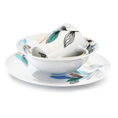 White Ceramic 12-Piece Dinnerware Set with Leaf Design