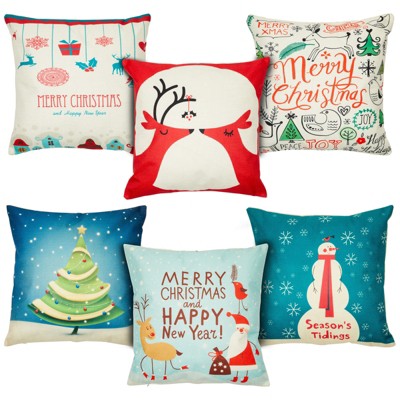 Juvale 6 Pack Holiday Throw Pillow Covers, Merry Christmas, Happy New Year, Seasons Tidings, 18x18