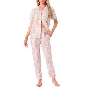 INSPIRE CHIC Women's Longewear Button Up Tencel Floral Ink Wash Pattern Short Sleeve Notched Collar Pants Set with Pockets - 1 of 4