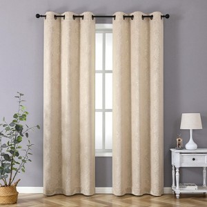Set of 2 Leeds Floral Leaves Embossed Light Filtering Grommet Top Window Curtain Panels - Kate Aurora - 1 of 4