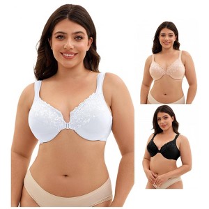 INSPIRE CHIC 3 Pcs Women's Front Closure Lace Trim Underwire Adjustable Straps Plunge Bras - 1 of 4