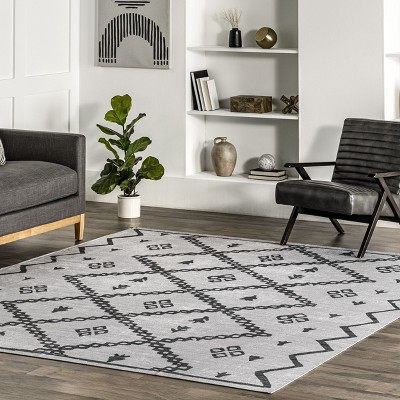 Ivory and Black Synthetic Trellis Washable Round Rug