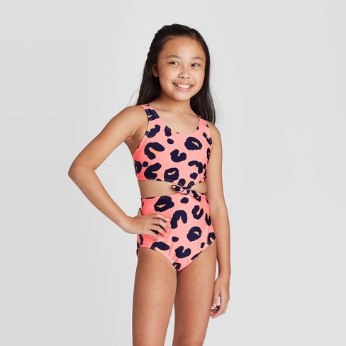 Girls Tie Front Animal Print One Piece Swimsuit Art Class Pink L Target