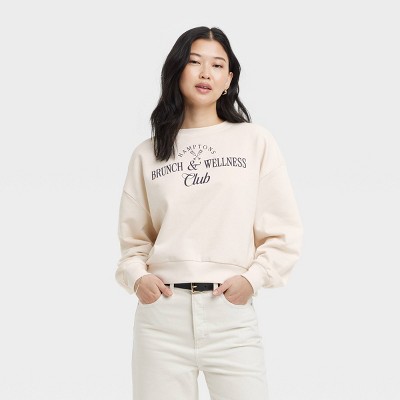 Women's Brunch and Wellness Cropped Fleece Graphic Sweatshirt - Beige