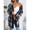 Womens Sweater Cardigan Plaid Lantern Sleeve Waist Tie Casual Cardigan Sweater Coat Black L - 3 of 4