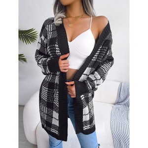 Womens Knit Cardigan Plaid Tie Belt Lantern Sleeve Casual Coat - 1 of 4